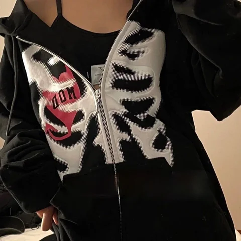 90s Women Zip-up Y2K Harajuku Oversized Skeleton Hoodie Goth Hoodie Female Women Grunge Hooded With Zipper Hood Skull Sweatshirt