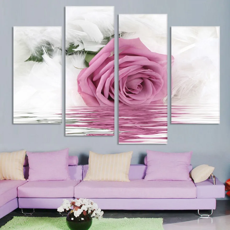 

No Framed 4 Pieces Nordic Feather Pink Rose Flower Wall Art Canvas Posters Pictures Paintings Home Decor Living Room Decorations