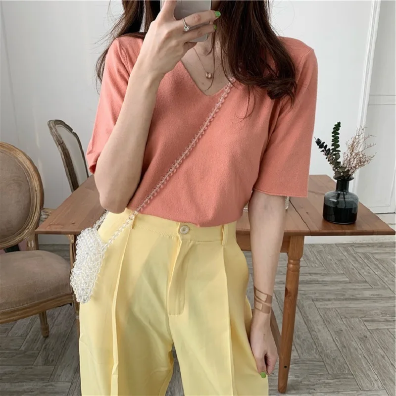 Korean knit solid color short-sleeve ice silk T-shirt Women Tops 2020 Summer T Shirt for Black White Shirts tops | Женская одежда