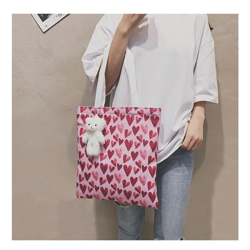 

New Women's Canvas Shoulder Bag Student Love Printing Female HandBag School Bag Girls Cute Large Capacity Reusable Shopping Bag