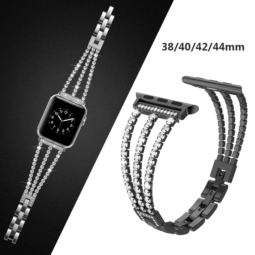 Black Bling Woman Bands for Apple Watch 7 Band Luxury Diamond Stainless Replacement Strap for iWatch SE Band Series 6 5 4 3 41mm