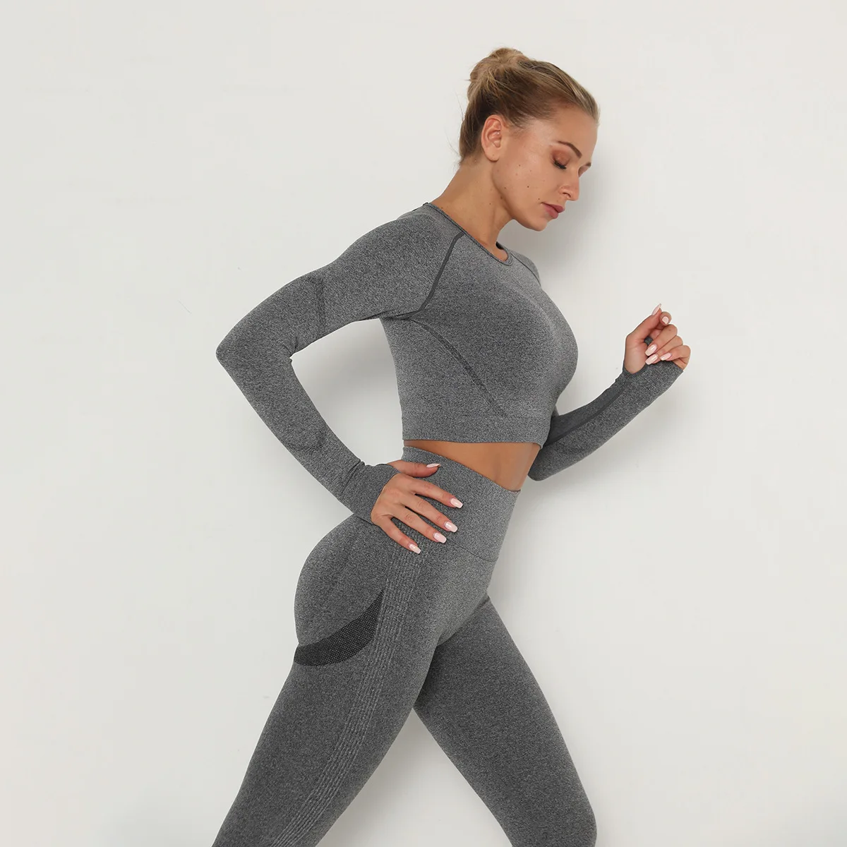 

Seamless Women Gym Set Long Sleeve Top High Waist Belly Control Sport Leggings Gym Clothes Seamless Sport Suit Sexy Booty Girls