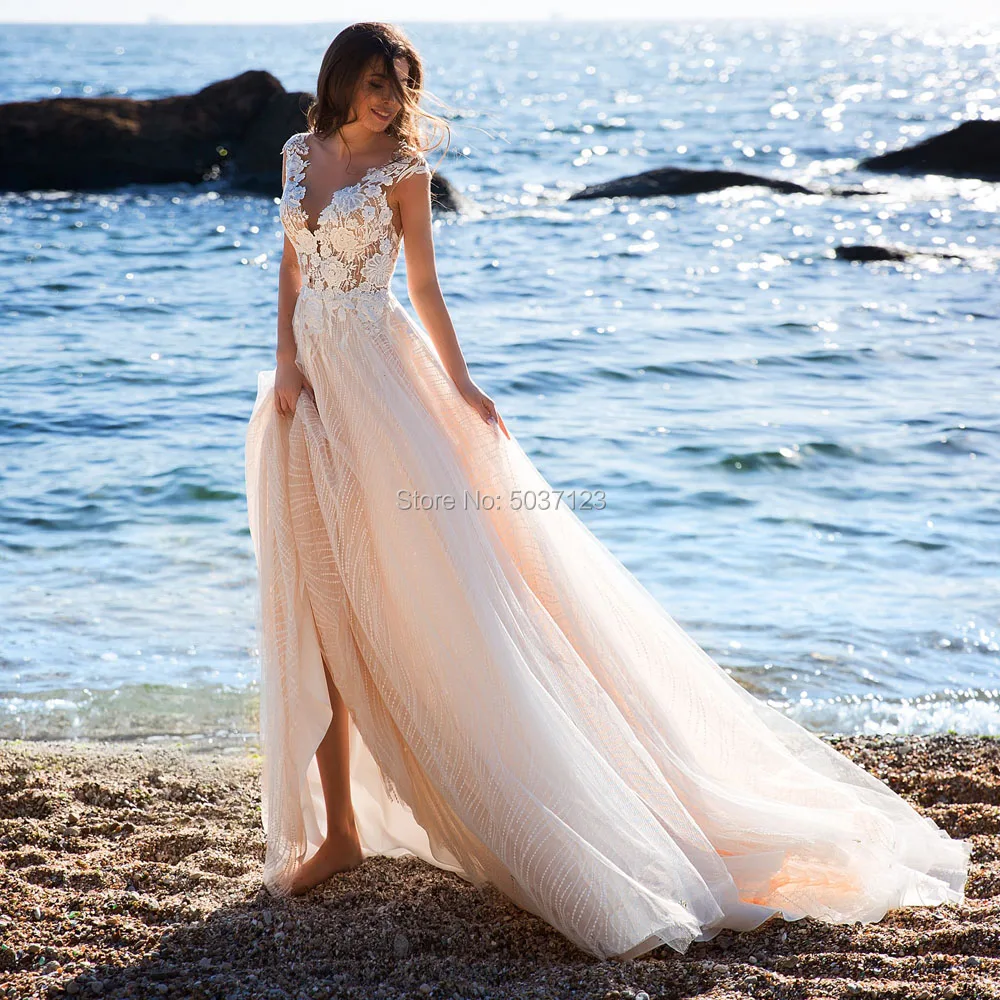 Пляжные тюлевые Свадебные платья с v образным вырезом и аппликацией кружевные