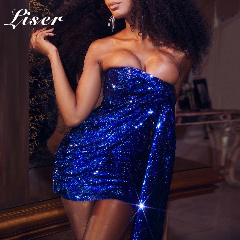 Liser 2019 новое летнее женское платье без бретелек ДРАПИРОВАННОЕ блестками мини