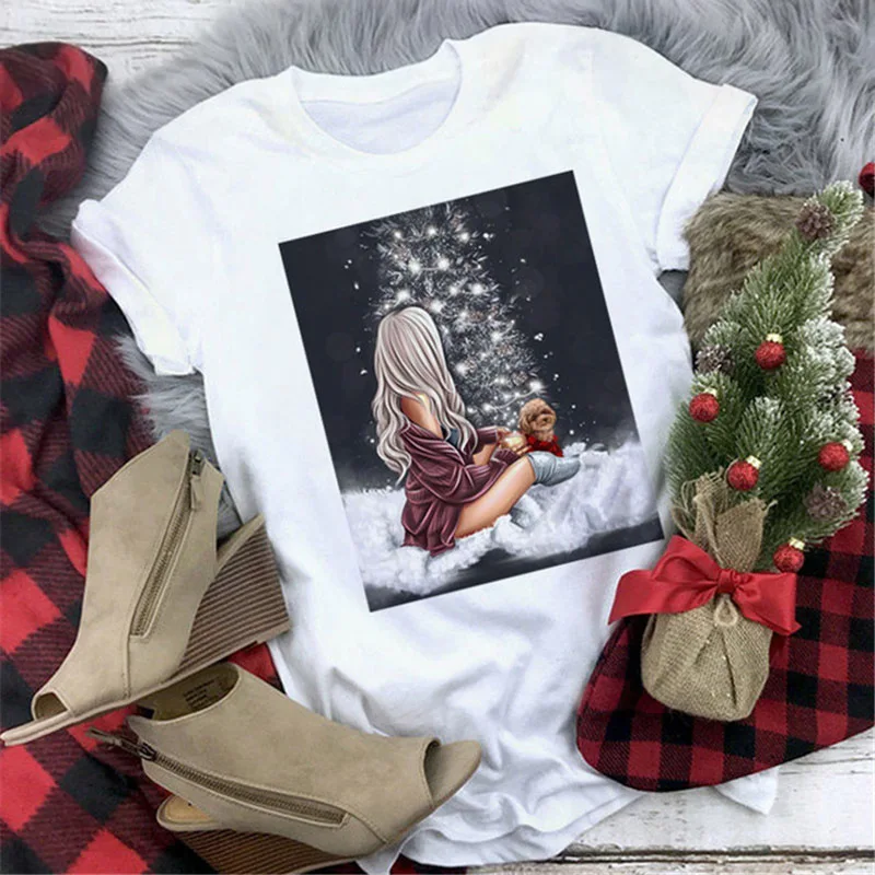 

Christmas woman tshirts santa christmas tree elk snowman print cartoon shirts for women 2022 happy new year holiday fashion Tees