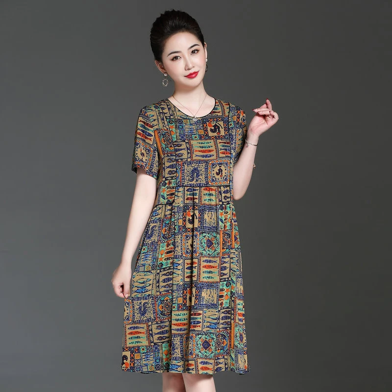 

Middle Aged Women Summer Floral Printing Silk Dresses Tile Pattern Graphics Round Neck Short Sleeve A-Line One Piece Plus Size