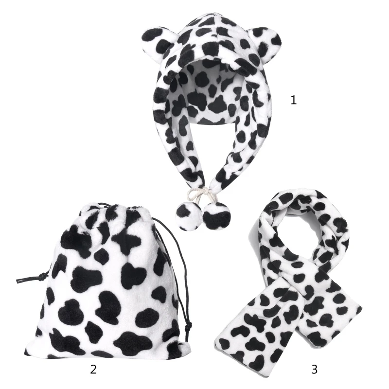 

Women Winter Fuzzy Fluffy Warm Hoodie Earflap Cap Cross Collar Scarf Drawstring Storage Bag Cute Cow Print Ear Warmer
