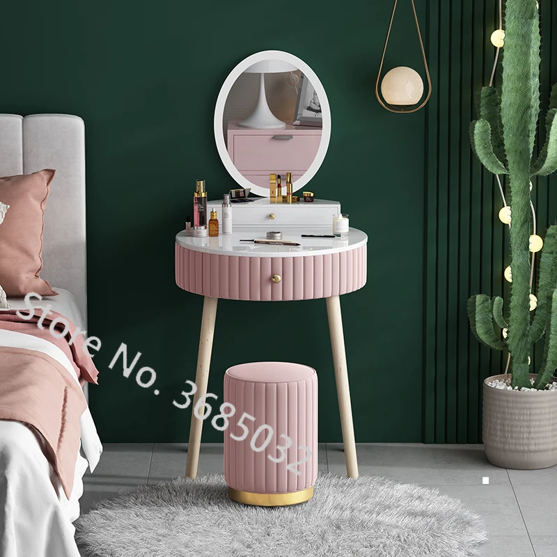 

Nordic Pink Dresser Table Set with Drawer + Mirror + Stool Creative Make-up Dressers Table Wooden Legs Bedroom Furniture 60cm
