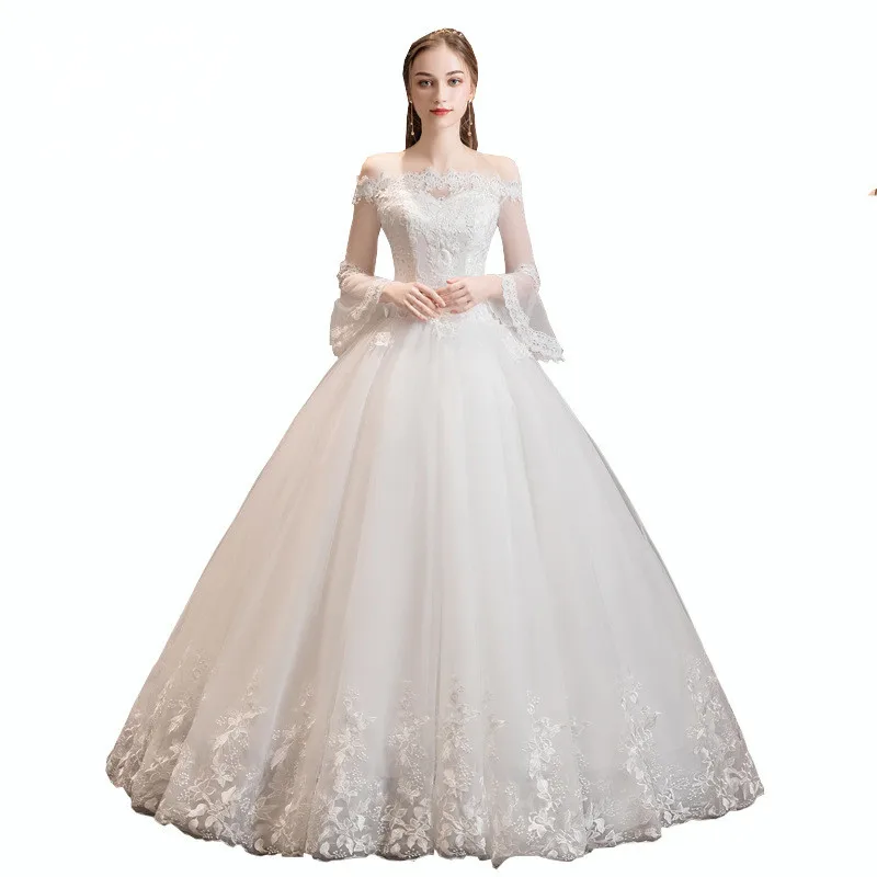 

High Quality White Vestido De Novia Off The Shoulder Long Sleeve Ball Gown Floor Length Sexy Bridal Wedding Dresses Appliques
