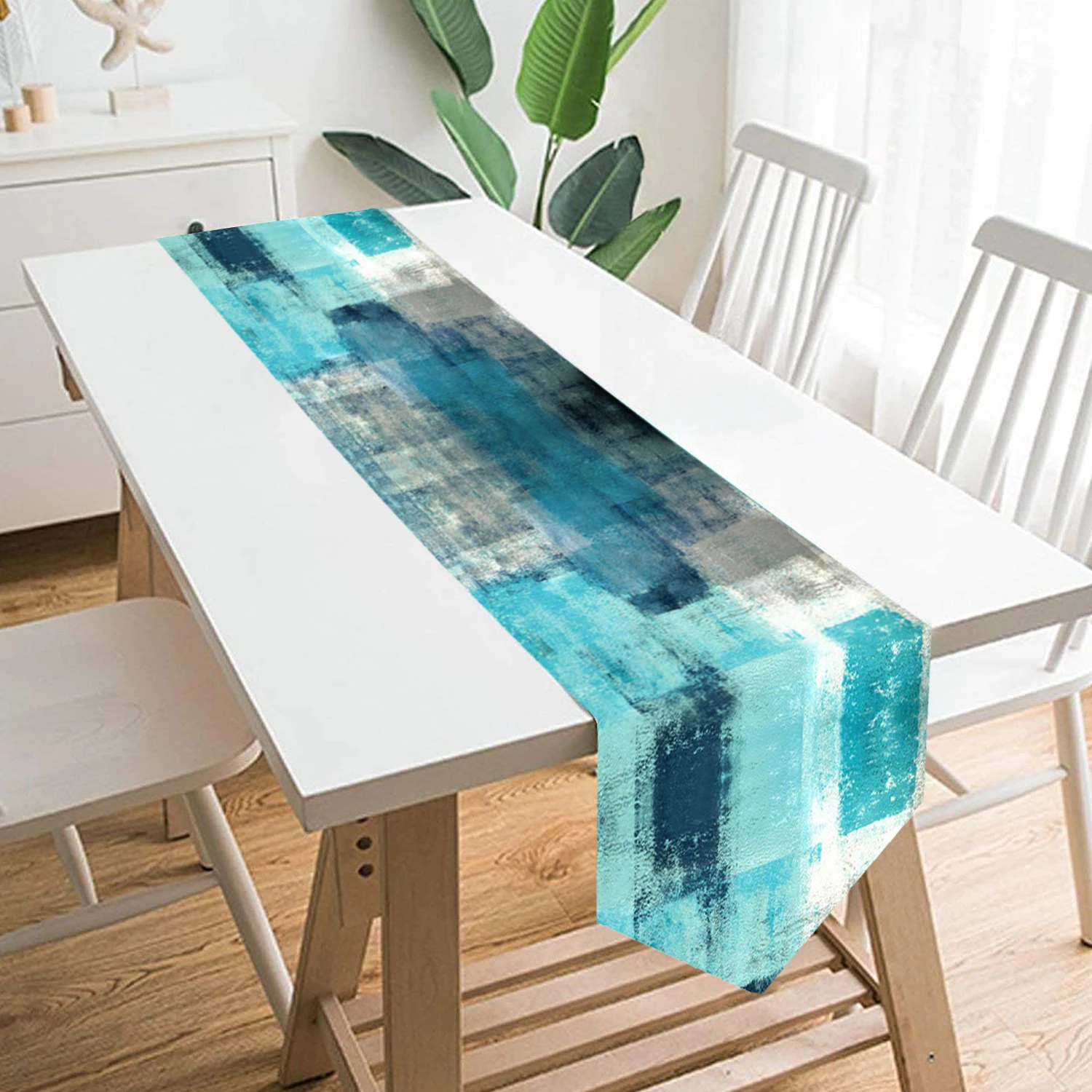 

Modern Art Table Runner Farmhouse Style Double Layer Teal Table Runners for Kitchen Dinner Tablecloth Placemat Decor