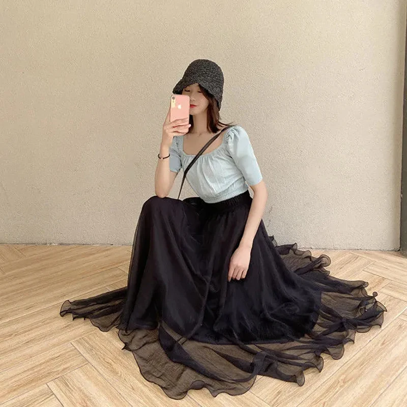 

Korean Style Chiffon High Waist Floor Length Ruffles Long Skirts Casual Loose Pleated Mesh Skirts Fashion Streetwear Long Skirts