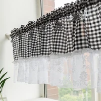 2022 short curtain for kitchen door half cortinas nordic simple classical blue black check lace border fresh rideau decorate