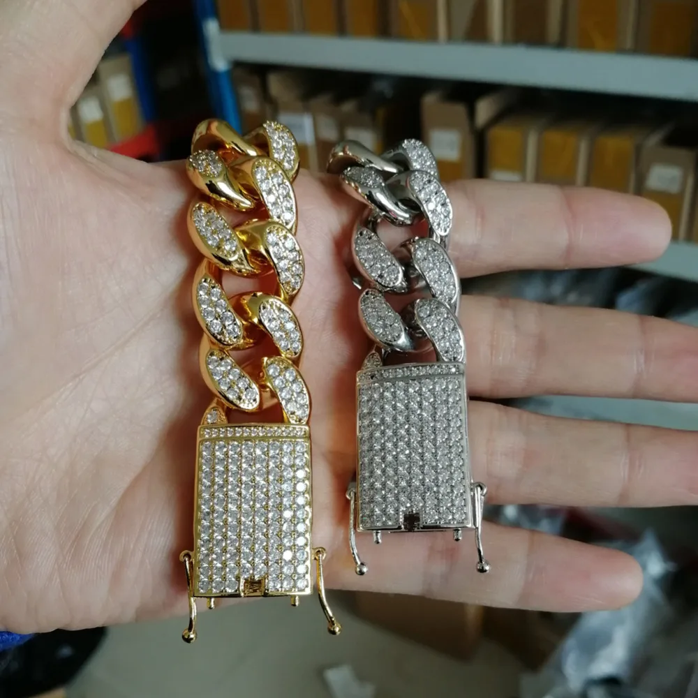 

1 Fashion Charm Thick Heavy Big Bling Iced Out 20MM Width 8Inch 9inch Hip Hop Jewellry Brass All CZ Pave Bracelet for Men Gift
