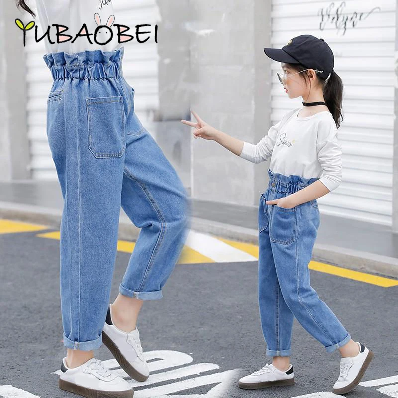 

Spring Summer Girls High Waist Jeans Blue Slim Fit Denim Material For Girls Trousers Pants teenagers clothes for girls 12 y