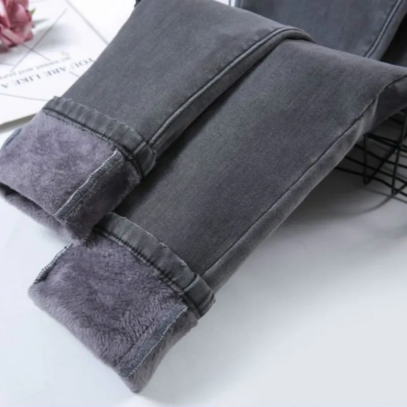 

High Waist Velvet Thick Jeans Female Winter 2019 Skinny Stretch womens Warm Jeans womanPants Mom Black Denim Trousers plus size