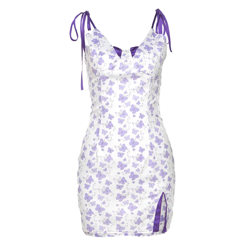 

XIYUU Sexy Backless Mini Dresses for Women Purple Butterfly Printing Skinny Split Fork Dress Streetwear Spaghetti Strap Dress