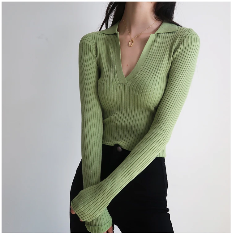 Women Sexy Polo Plunge Neck Long Sleeve Jumper In Skinny Rib Fitted Crop Knit Pullover With | Женская одежда