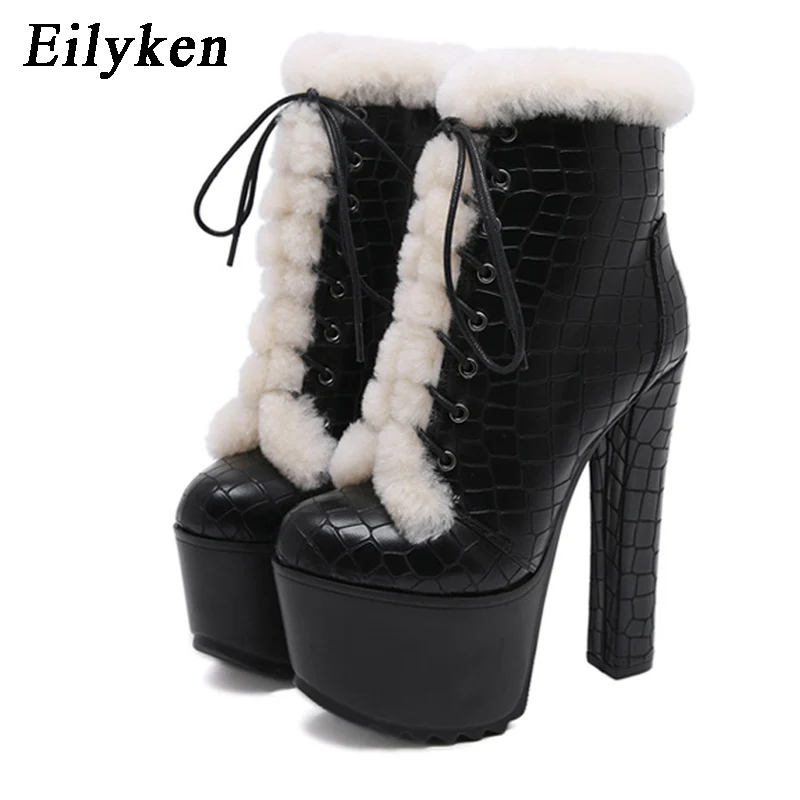 Eilyken; модные ботинки в байкерском стиле с искусственным мехом; женская повседневная обувь на платформе и каблуке; обувь со шнуровкой и круглым носком; женские осенние ботинки черного цвета