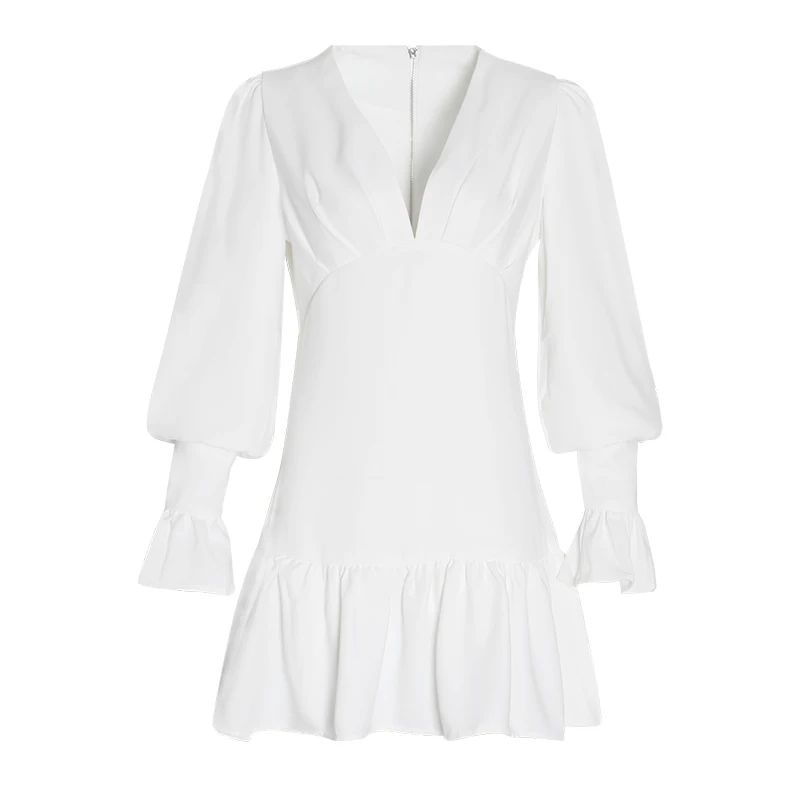 

CHICEVER Sexy Elegant Dress For Women V Neck Long Flare Sleeve Patchwork Slim Ruffles Mini Dresses Female Fashion New 2020 Style