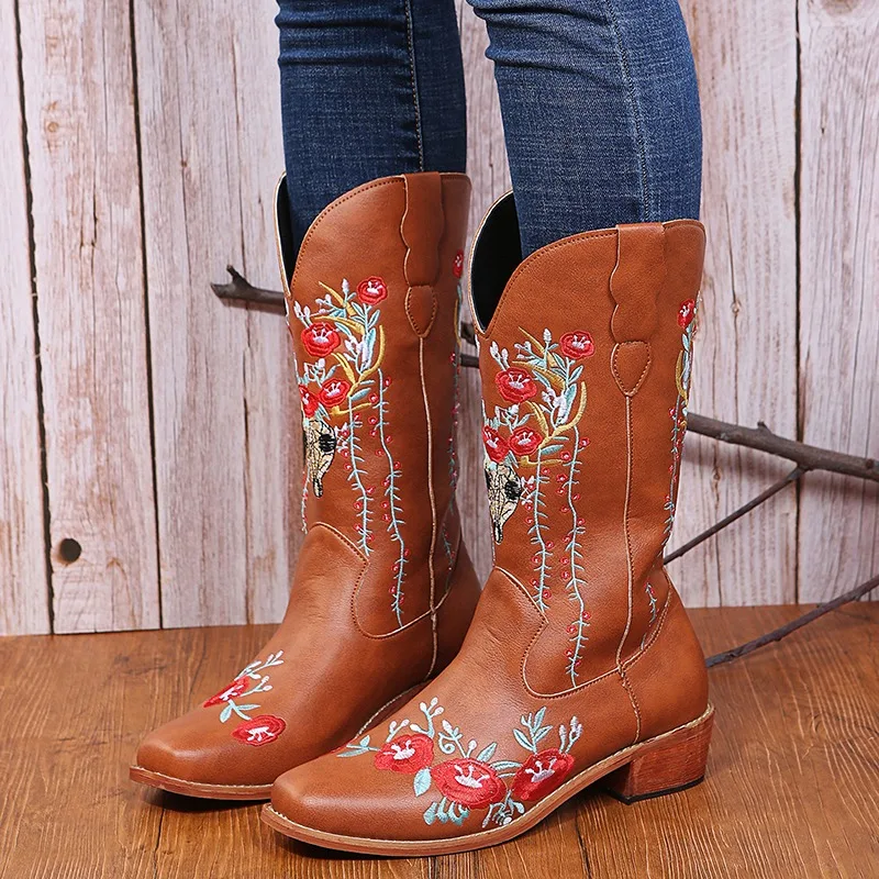 

Female Embroider High Heel Leather Shoes Ankle Cowboy Boots Stylish Women Western Boots Autumn Vintage Medium Tube Knight Boot