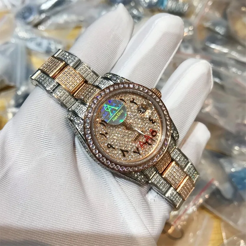 

Rose Gold &Silver iced out watch Arabic numbers excellent quality sapphire glass glide smooth second hand diamonds watches R*l*x