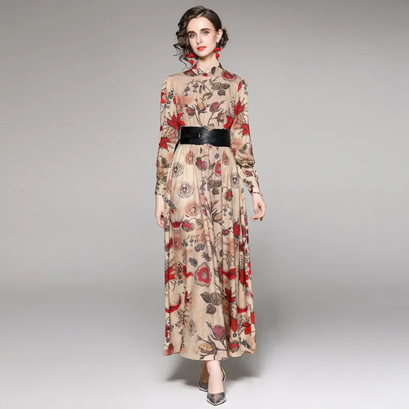 

Женское плиссированное платье макси, дизайнерское подиумное винтажное платье с цветочным принтом, воротником-стойкой и длинным рукавом, 2021