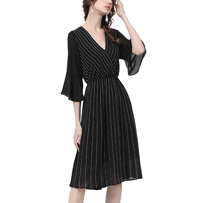 

Elegant Black Embroidered Chiffon Long Dress Women 2021 Summer New High Waist A-Line V-Neck Plus Size Lady Casual Office Dresses