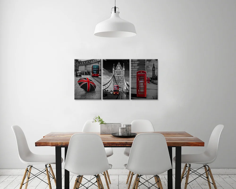Настенная картина из 3 предметов холст черный и белый красный Лондонский автобус