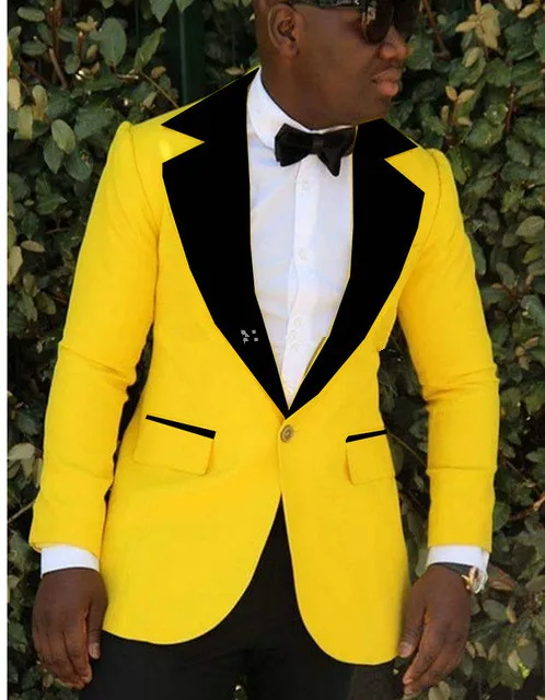 Fashion Yellow Jacket Prom Men Wedding Suits Black Peaked Lapel Mens Tuxedo Groom Groomsman Best Man Slim Fit Mens Suits