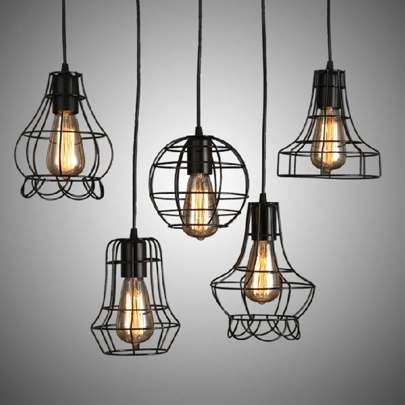 Black Retro Iron Lamp Covers Shaped Hanging Pendant Light Shade Chandelier Bulb Industrial Ceiling Metal Bars Cafe Lampshades