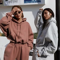 zoulv two piece solid color hoodie womens fleece drawstring sportswear thick warm hooded pullover jogging pants suit winter