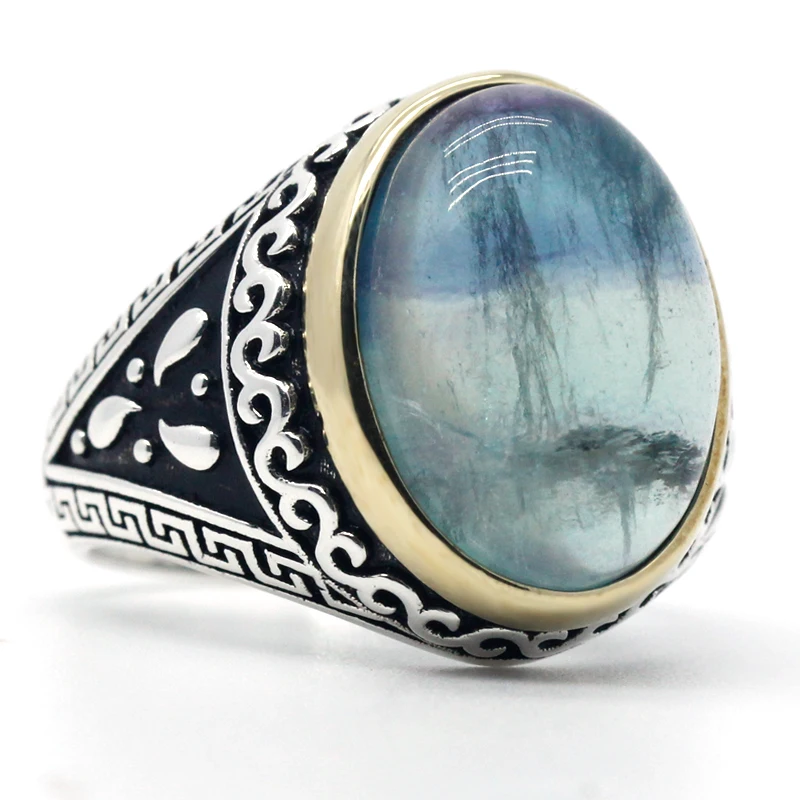 Мужское кольцо с флюоритом искусственное серебряное масляной живописью озера