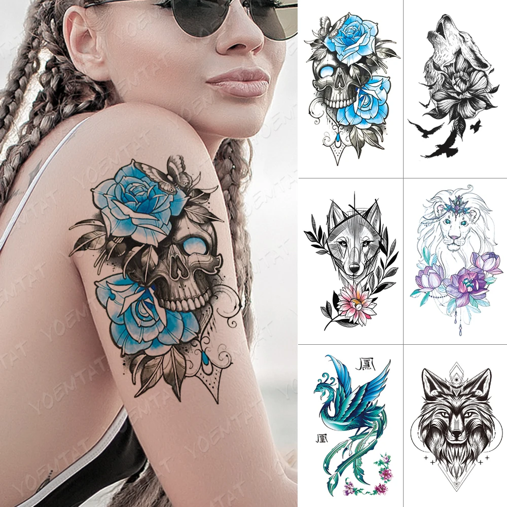 

Waterproof Temporary Tattoo Sticker Skull Rose Flower Wolf Lion Flash Tattoos Phoenix Body Art Arm Fake Tatoo Women Men