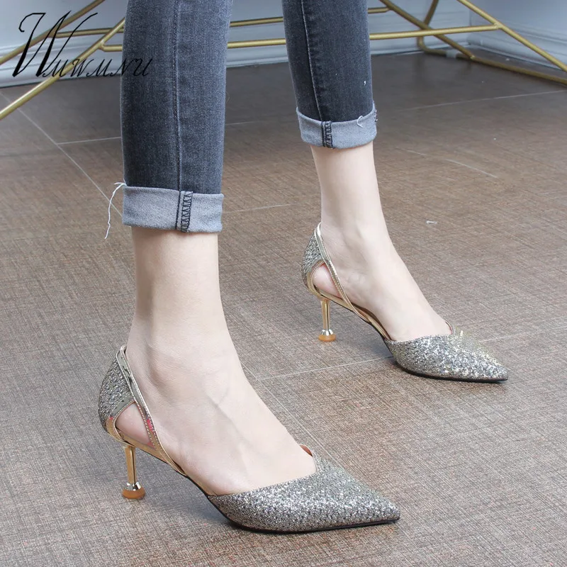 Туфли-лодочки на высоком каблуке-шпильке с блестками | Обувь