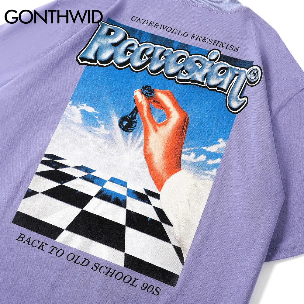 

GONTHWID Short Sleeve Tees Summer Men Streetwear Hip Hop Chessboard Plaid Print T-Shirt Cotton Casual Harajuku Tshirt Loose Tops