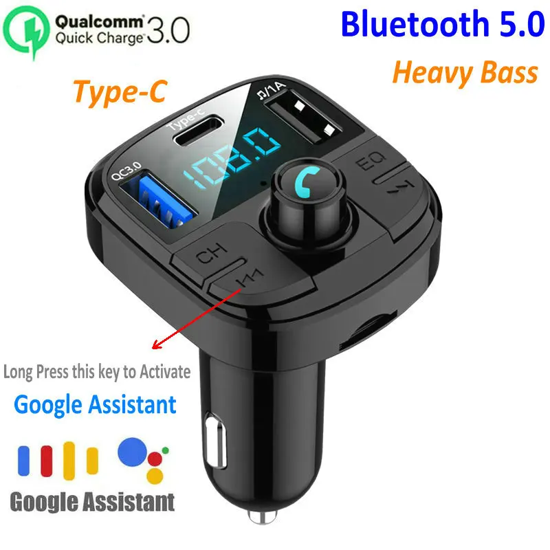 Tikigogo QC3.0 Quick Charge type-C 3 USB Автомобильное зарядное устройство Handsfree Bluetooth автомобильный комплект Google Assistant fm-передатчик автомобильный mp3-плеер