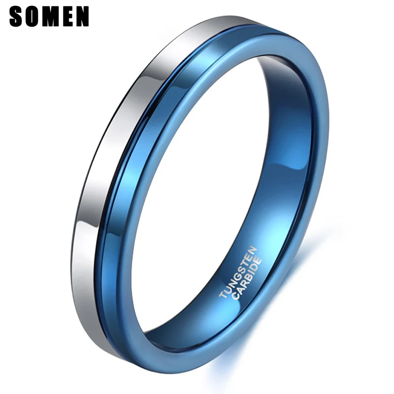 

Somen New 4mm Blue & Silver Color Men's Tungsten Ring Wedding Bands Male Engagement Rings Womens Party Jewelry Bague Homme