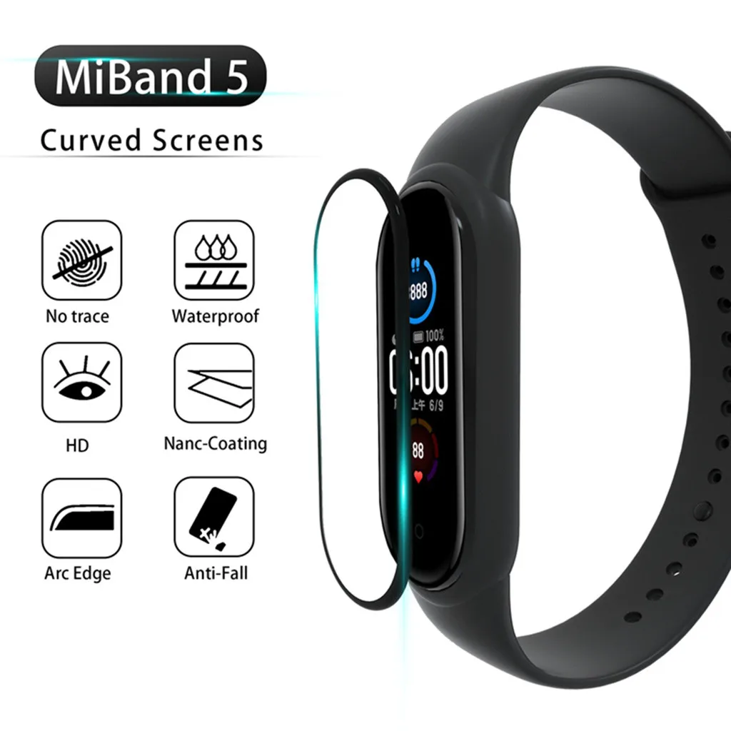 

5PCS Explosion-proof Pet Curved Surface Screen Protector Film Film For Xiaomi Mi Band 5 Running Wrist Support Accessories