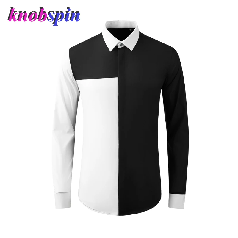 

Brand Mens Dress Shirts Luxury Long Sleeve Black White Contrast Color Casual Male Shirts Plus Size 4xl Slim Fit Party Man Shirt