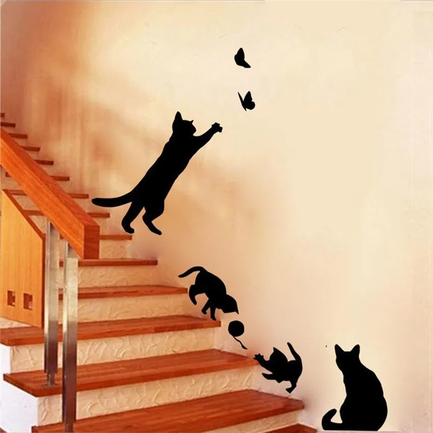 

1pcs Cat Play Butterflies Originality Wall Sticker Removable House Decoration Decals for Bedroom Kitchen Living Room Decor