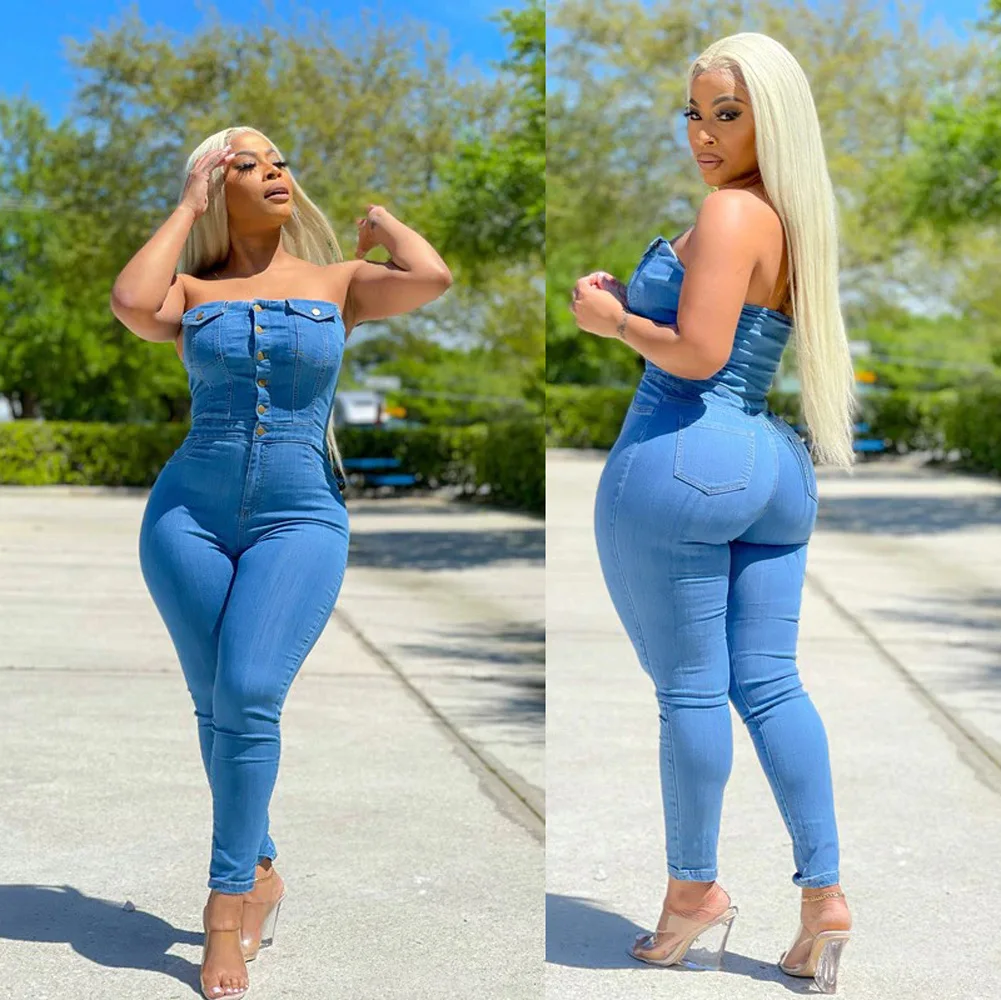 

Женский джинсовый комбинезон без бретелек без рукавов