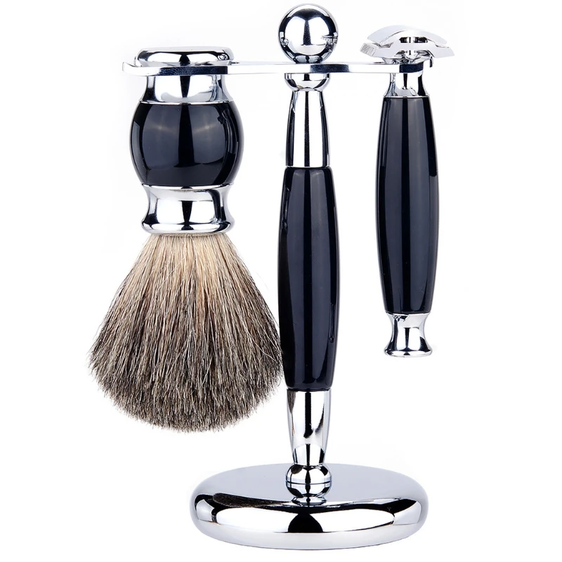 

3 In 1 Men Luxury Manual Shaving Kit Beard Cleaning Brush Metal Shaver Razor Stand Holder Hair Trimmer Grooming Tool Set