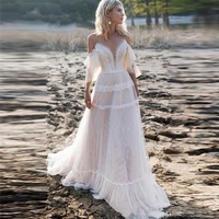 simple bohemian wedding dresses 2022 off shoulder a line lace appliqued boho wedding gowns lacing plus size beach bridal gowns