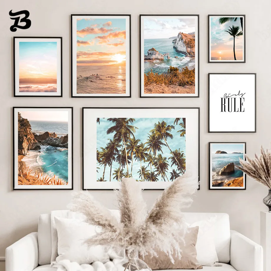 

Canvas Painting Sunset Beach Palm Tree Sea Waves Wall Art Nordic Scenery Posters and Prints Wall Pictures for Living Room Decor
