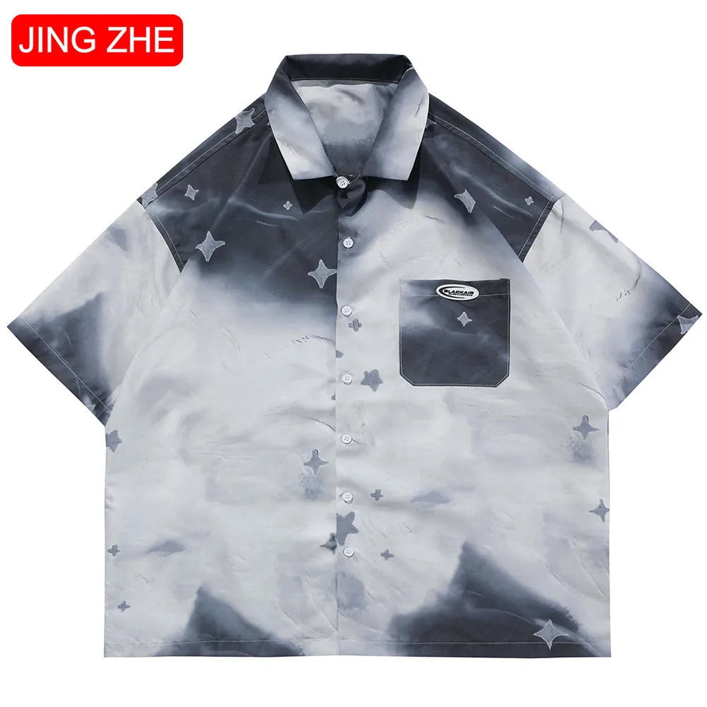

JING ZHE Gradient Inkjet Star Print Shirt Summer Men Short Sleeve Cargo Casual Shirts Harajuku High Street Style Cool Streetwear