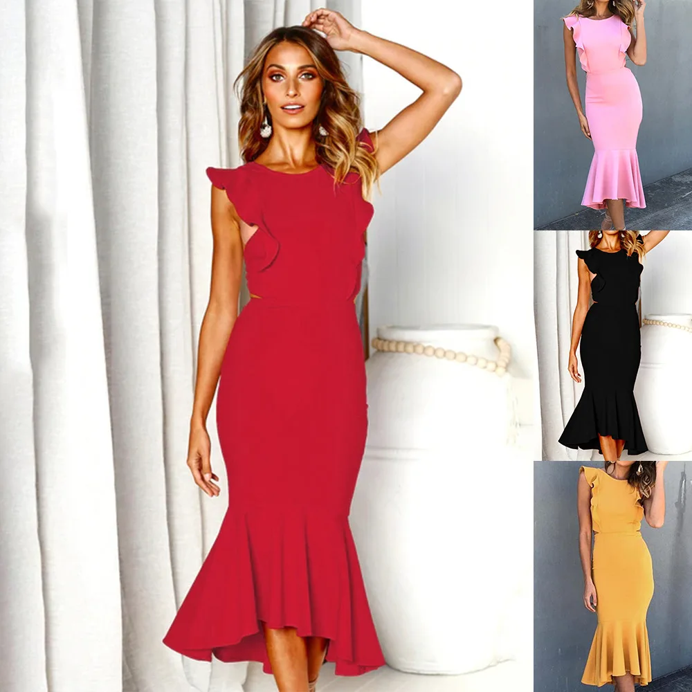 

Women's summer fishtail slim sleeveless dress sexy dress women party dress Trumpet / Mermaid Solid Sleeveless Ruffles