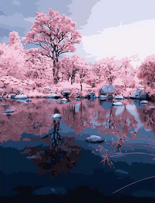 DIY картина по номерам Розовые деревья отражение в озеро алмазов Наборы живопись