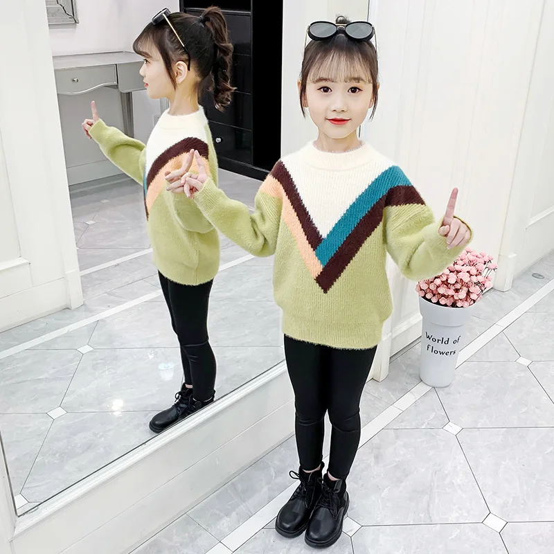 Зимний плотный вязаный свитер для девочек норковый бархатный клетчатый Модный