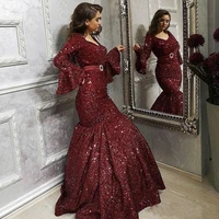 glitter prom dress sequins burgundy long full sleeve mermaid plus size formal evening dresses women bling vestidos party gowns