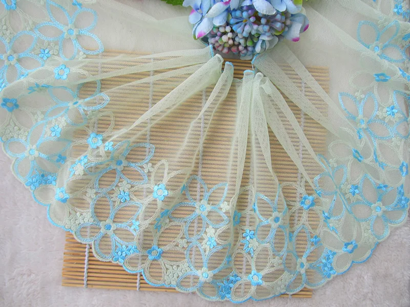 

10Yards Yellow Mesh Tulle Fabric Green Flower Lace Trim Applique Sewing Craft for Wedding Decoration 21cm Width